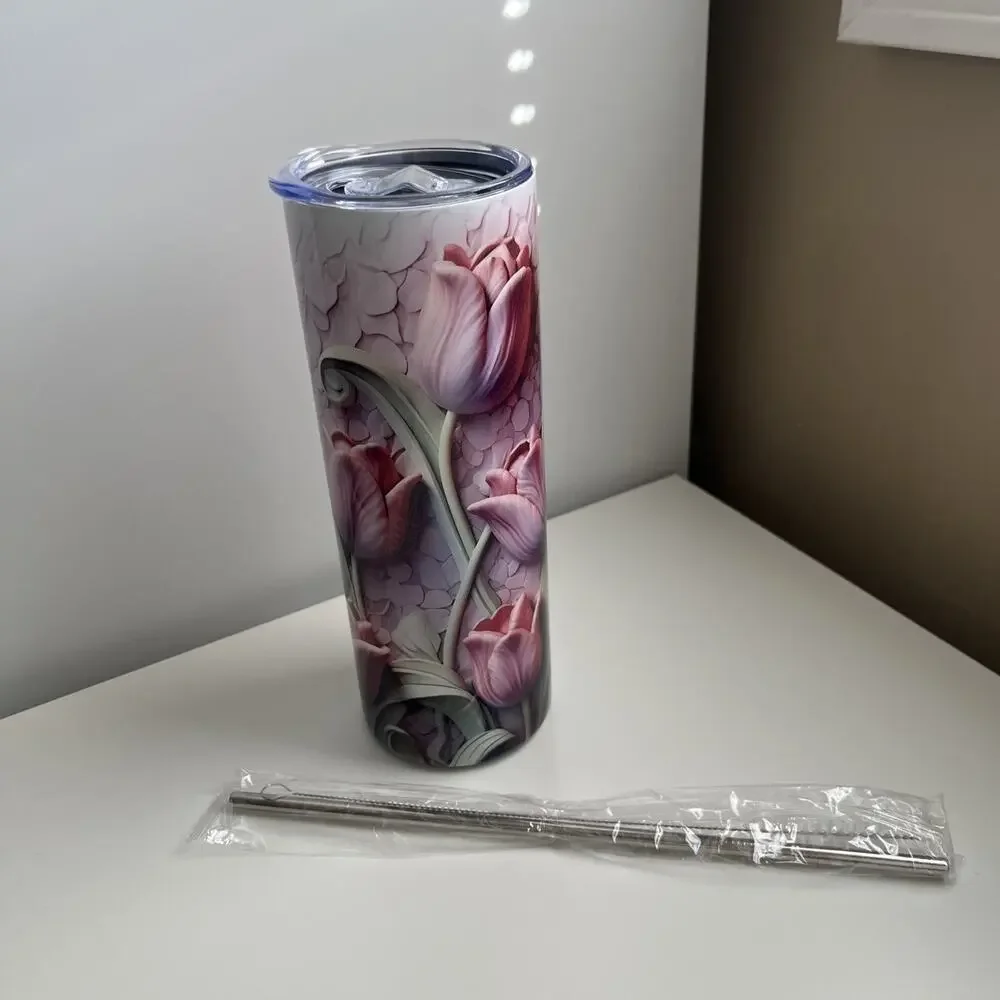 Custom Printed 20oz Tumbler Beautiful Tulip Design Lid Straw And Straw Cleaner